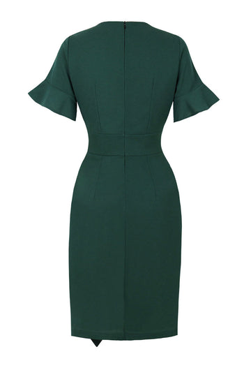 Vestido de bodycon verde escuro dos anos 60 com folhos